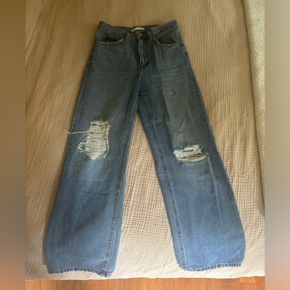 Oak + Fort Distressed High Waisted Wide Leg Denim - Picture 1 of 7